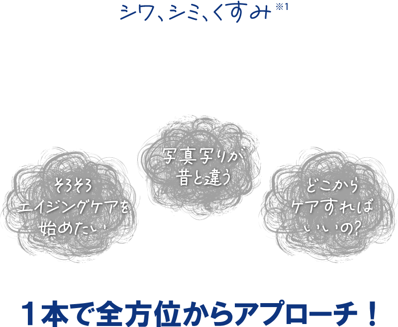 [シワ、シミ、くすみ] いきなりやってくるお肌の曲がり角。大人の肌悩みは1つじゃないから、、1本で全方位からアプローチ